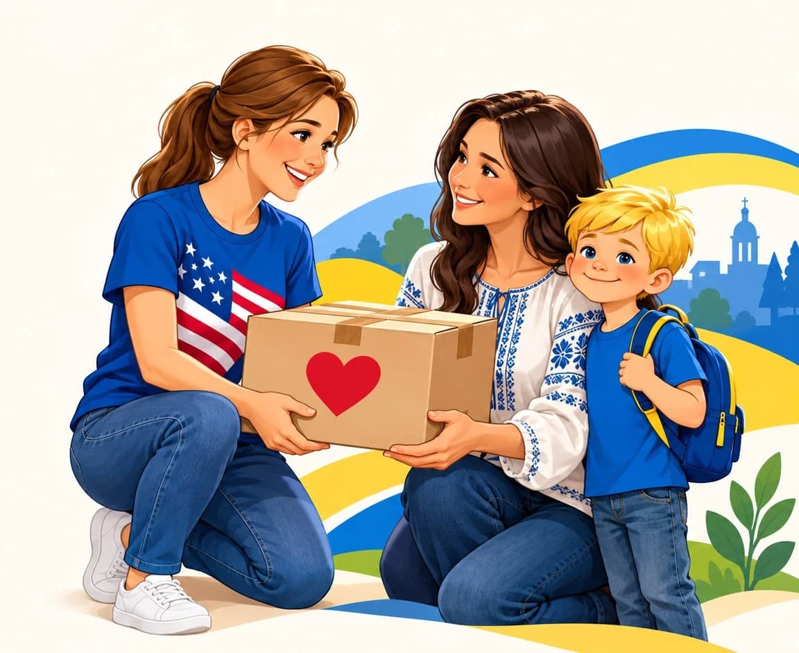 A volunteer hands a box of aid to a Ukrainian mother and her young son