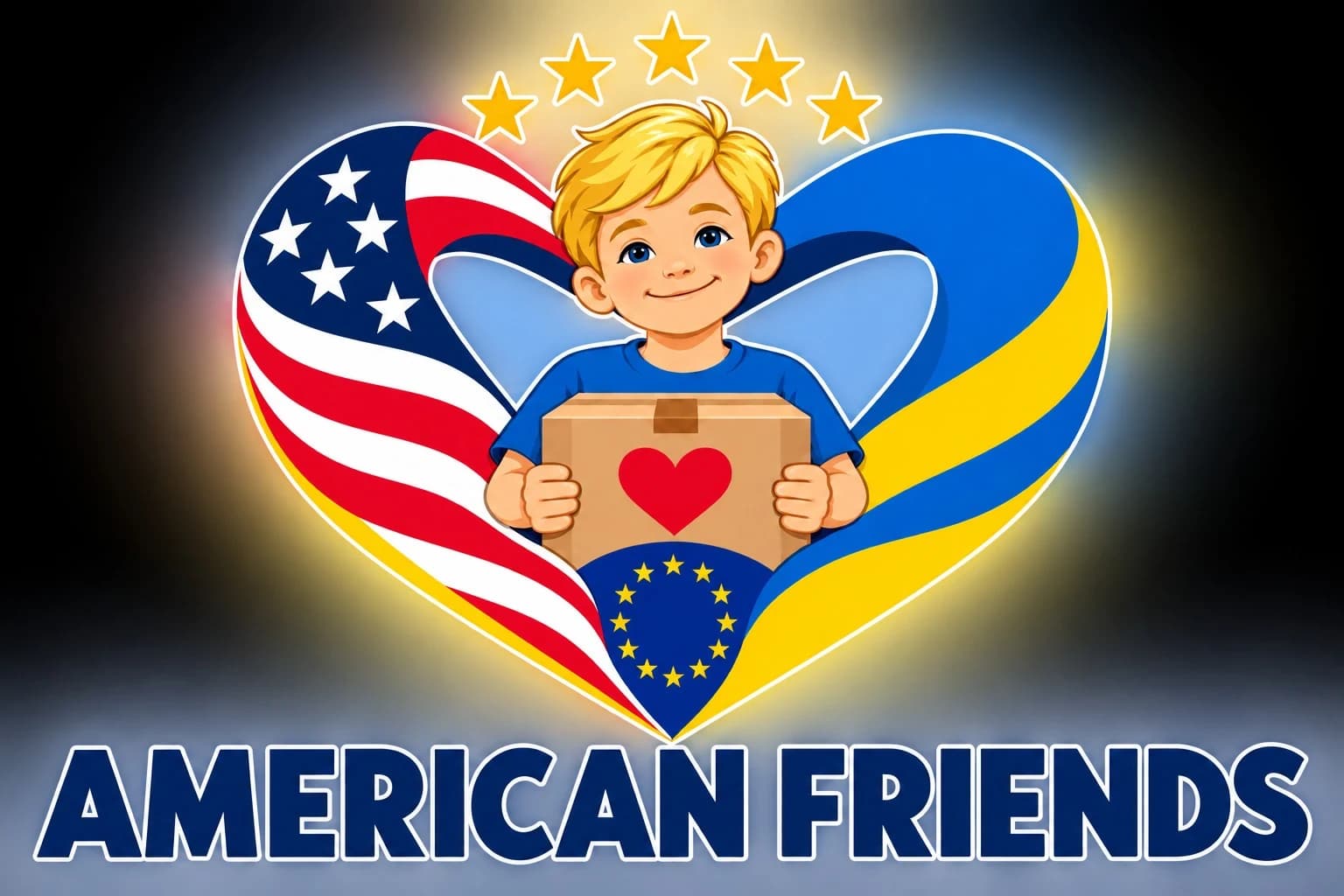 American Friends for Ukraine logo: a child holding a box of aid inside a heart made of the American, Ukrainian and European flags