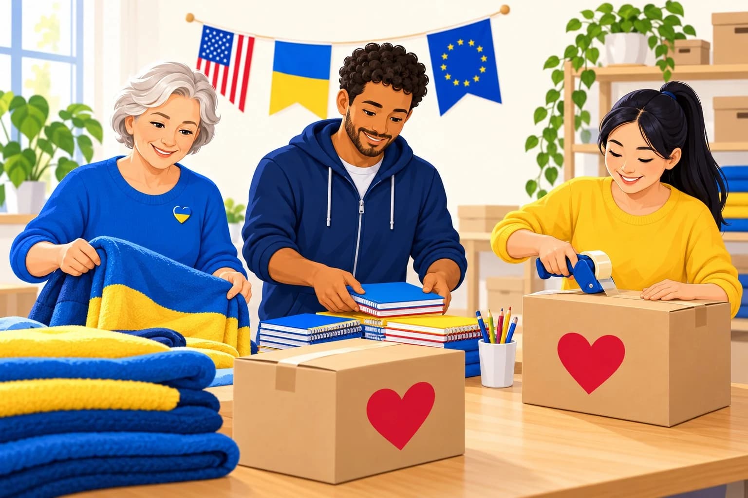 Volunteers packing blankets and school supplies into boxes marked with hearts